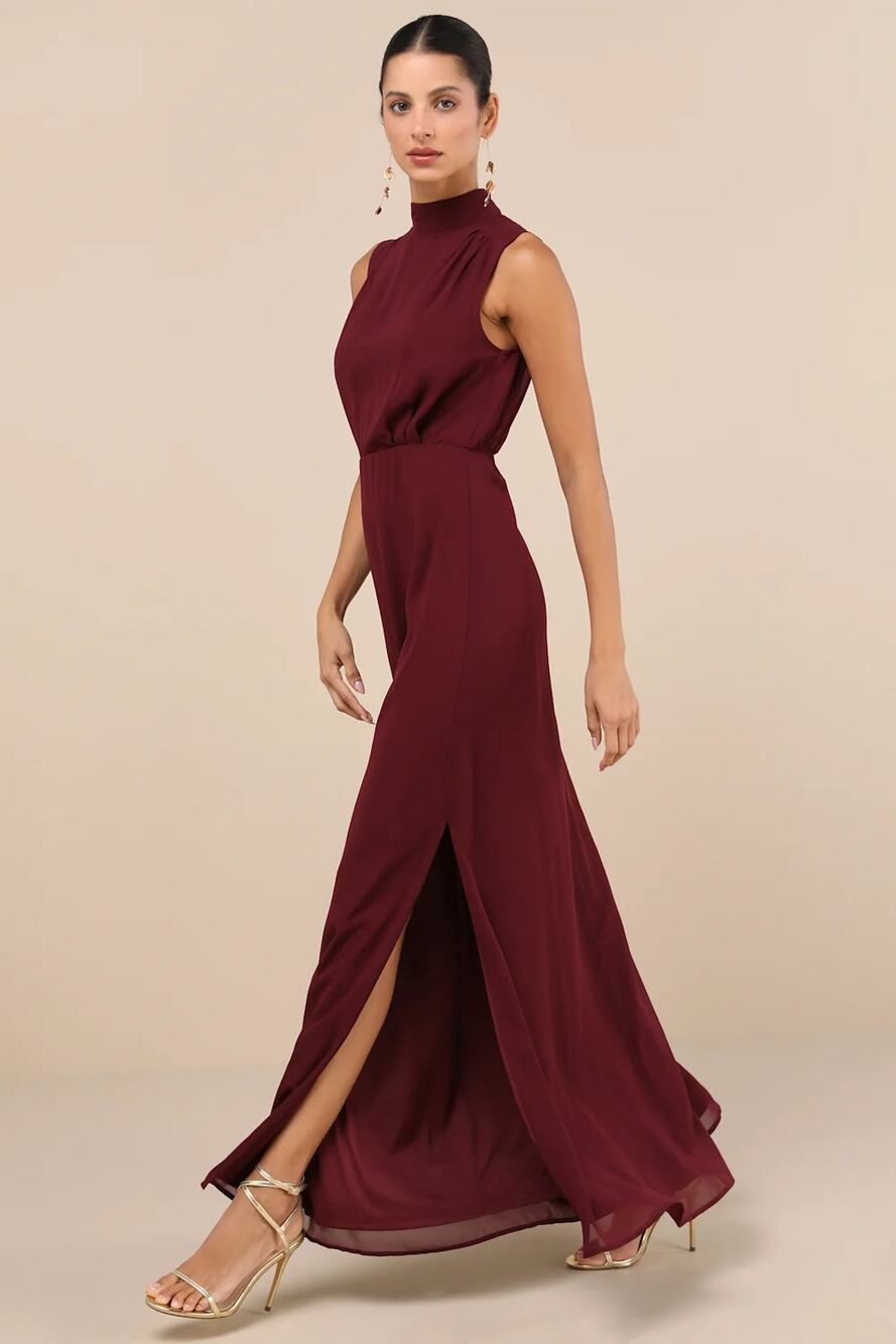 Lulus Classic Elegance Plum Chiffon Sleeveless Mock Neck Maxi Dress Wedding Sz L